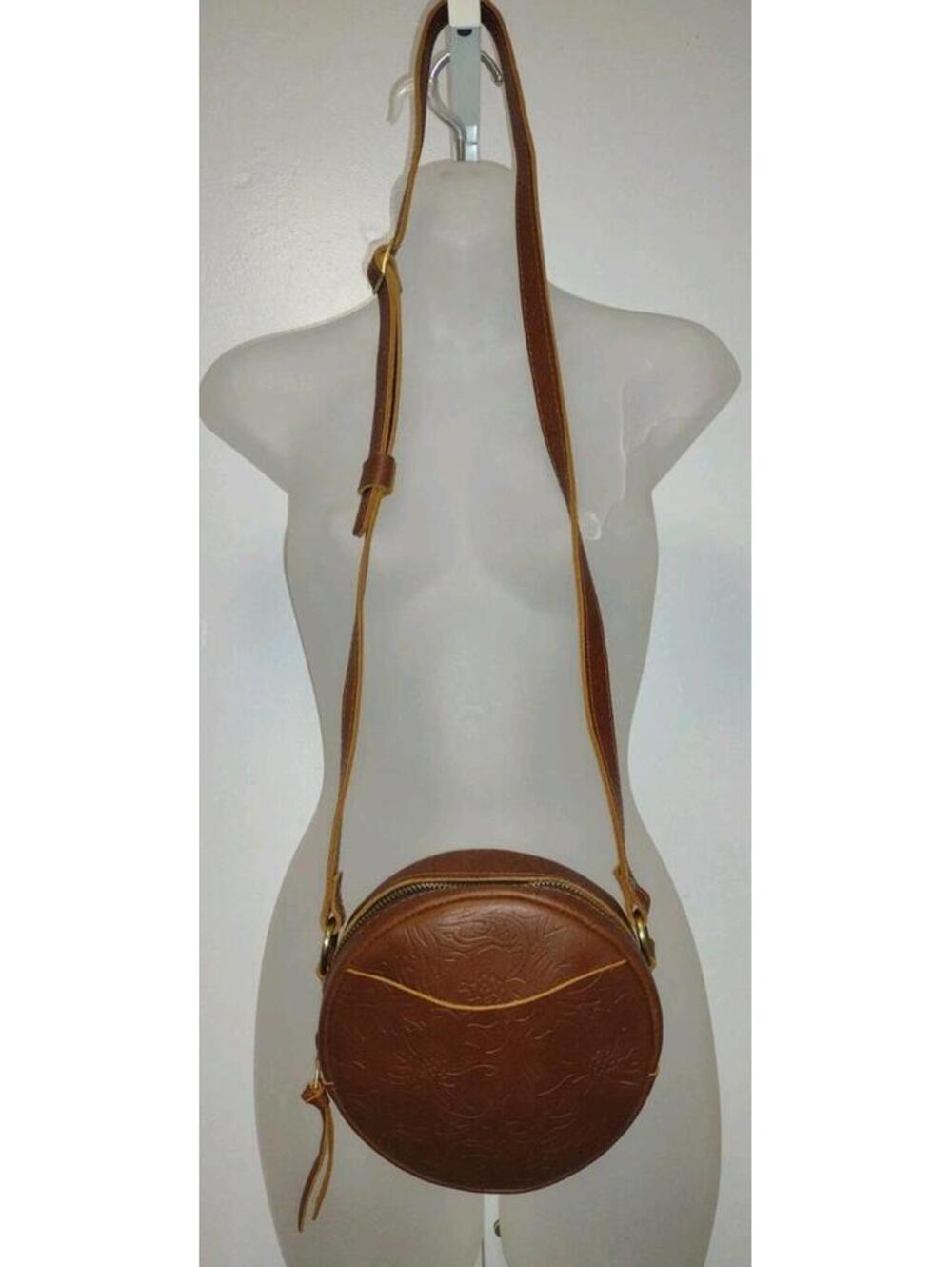 Handmade Tooled Leather Round Crossbody Bag Suede Lined Vintage Inspired